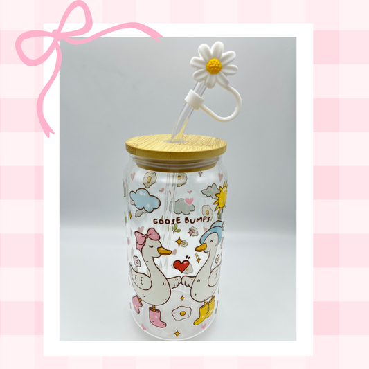 Double sided Goose Bumps 18 Oz Glass cup with Bamboo lid, Straw topper and Gift Box.