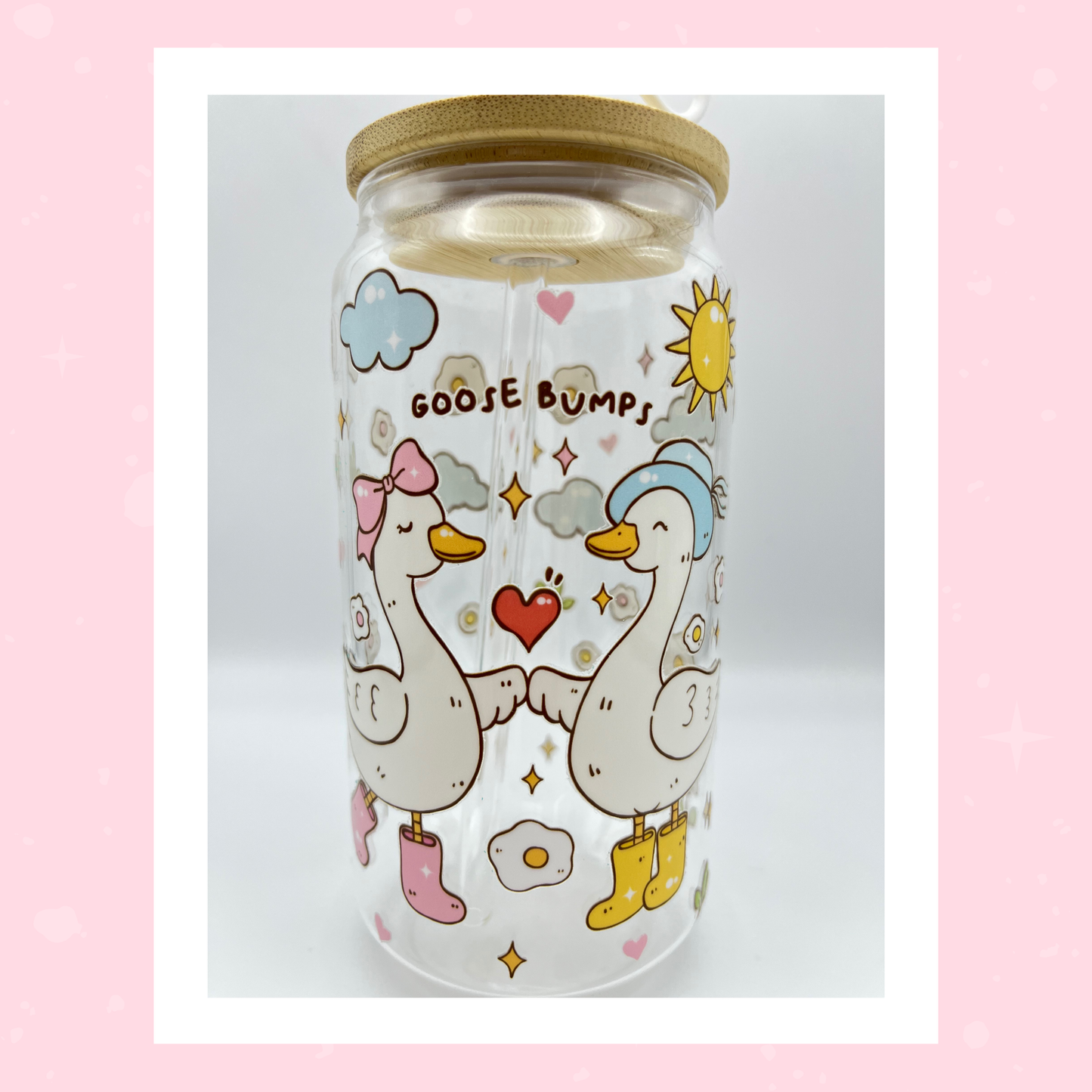 Double sided Goose Bumps 18 Oz Glass cup with Bamboo lid, Straw topper and Gift Box.