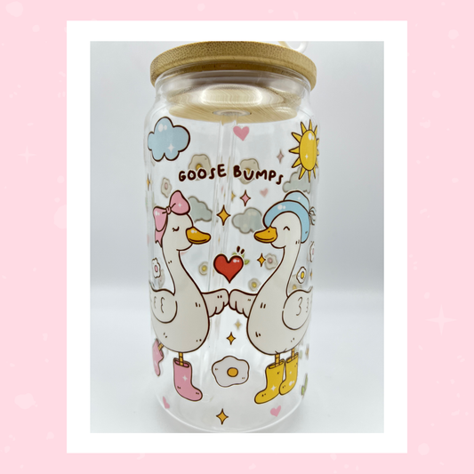 Double sided Goose Bumps 18 Oz Glass cup with Bamboo lid, Straw topper and Gift Box.