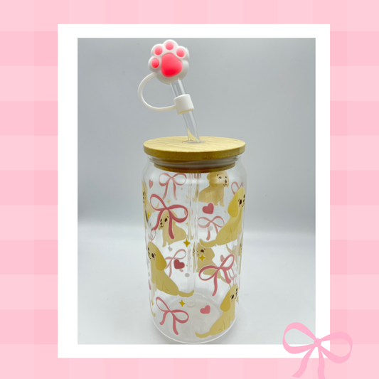 Double sided Cute Puppy with Bow 18 Oz Glass cup with Bamboo lid, Straw topper and Gift Box.