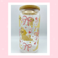 Double sided Cute Puppy with Bow 18 Oz Glass cup with Bamboo lid, Straw topper and Gift Box.