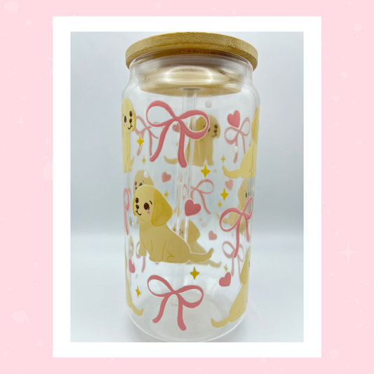 Double sided Cute Puppy with Bow 18 Oz Glass cup with Bamboo lid, Straw topper and Gift Box.
