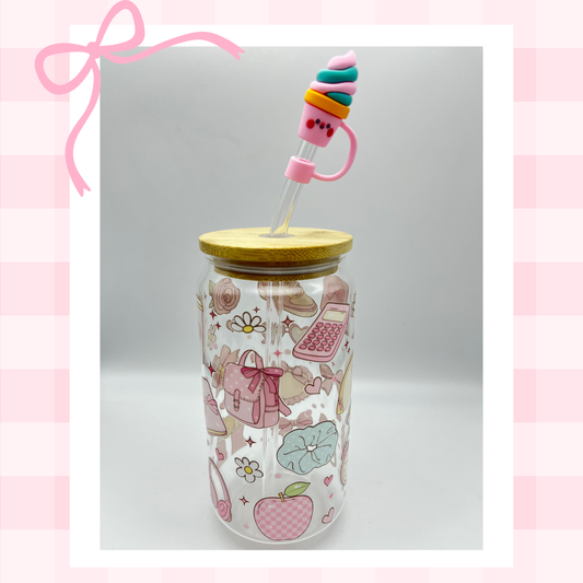 Double sided Cute Girly Pink Office School 18 Oz Glass cup with Bamboo lid, Straw topper and Gift Box.