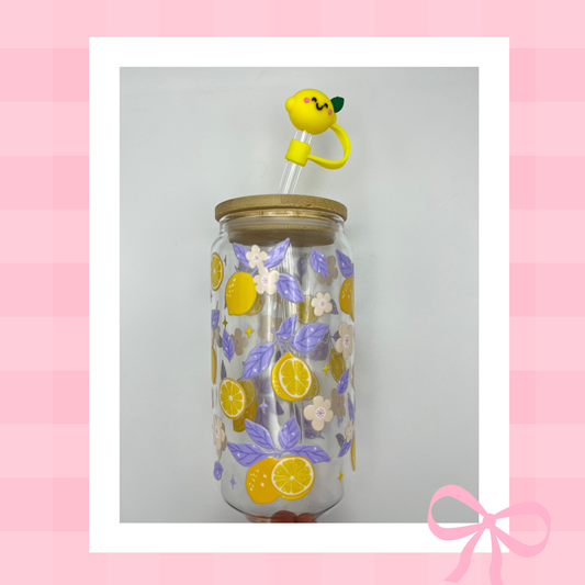Double sided Lemon Bliss 18 Oz Glass cup with Bamboo lid, Straw topper and Gift Box.