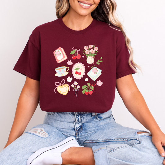 Cottage Core Cherries Boxy T-shirt -  100% Cotton Made in Canada