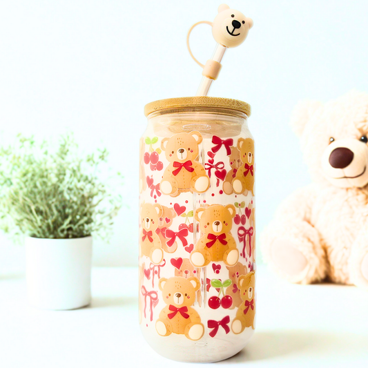 25% OFF Double sided Cherries and Bear Glass Can with Bamboo Lid, Straw topper & Gift Box | 18oz Iced Coffee Cup | Eco-Friendly - Reusable | Gift for her