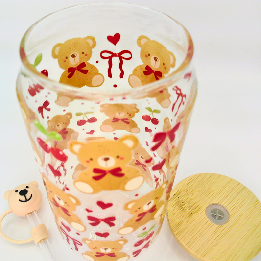 25% OFF Double sided Cherries and Bear Glass Can with Bamboo Lid, Straw topper & Gift Box | 18oz Iced Coffee Cup | Eco-Friendly - Reusable | Gift for her