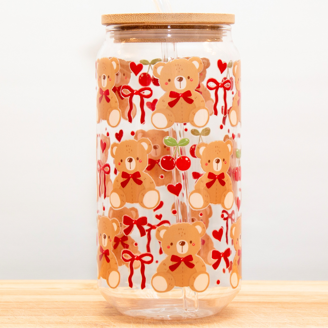 20% OFF Double-Sided Bears & Cherries Glass Cup Set 18oz | Cute Bear & Cherry Design with Gift Box