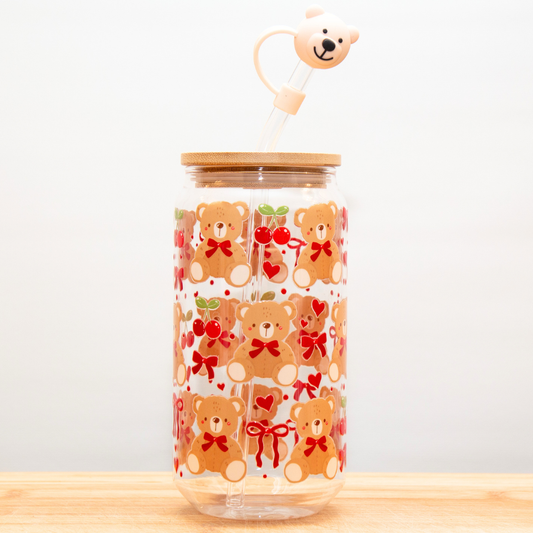 20% OFF Double-Sided Bears & Cherries Glass Cup Set 18oz | Cute Bear & Cherry Design with Gift Box