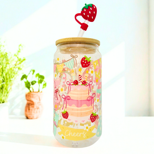 Birthday Cake Glass Can with Bamboo Lid, Straw topper & Gift Box | 18oz Iced Coffee Cup | Eco-Friendly - Reusable | Birthday gifts