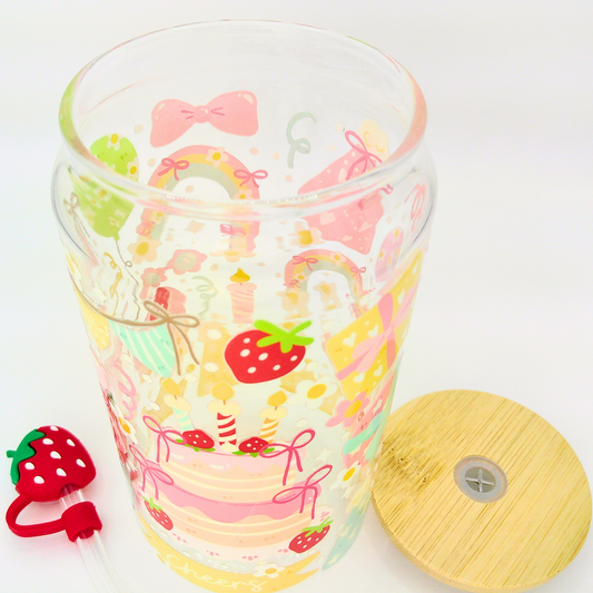 Birthday Cake Glass Can with Bamboo Lid, Straw topper & Gift Box | 18oz Iced Coffee Cup | Eco-Friendly - Reusable | Birthday gifts
