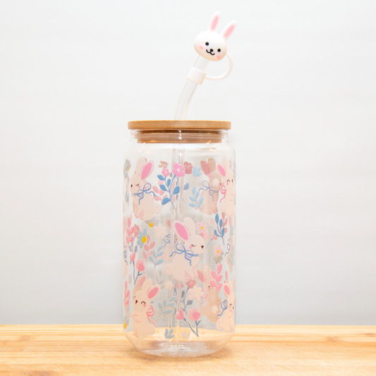 Double-Sided Spring Bunnies Blossom Glass Cup Set 18oz | Cute Bunny & Flower Design