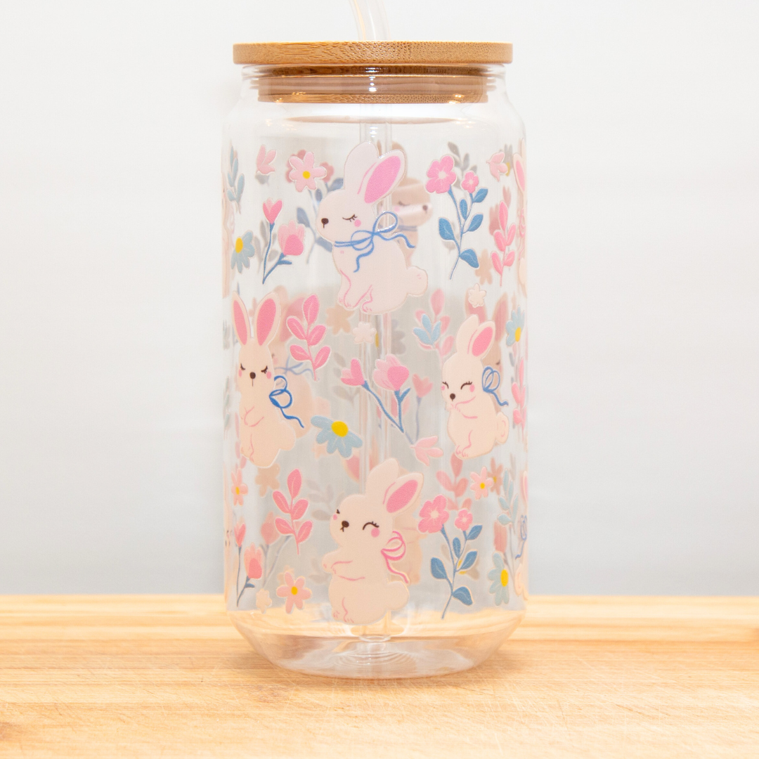 Double-Sided Spring Bunnies Blossom Glass Cup Set 18oz | Cute Bunny & Flower Design