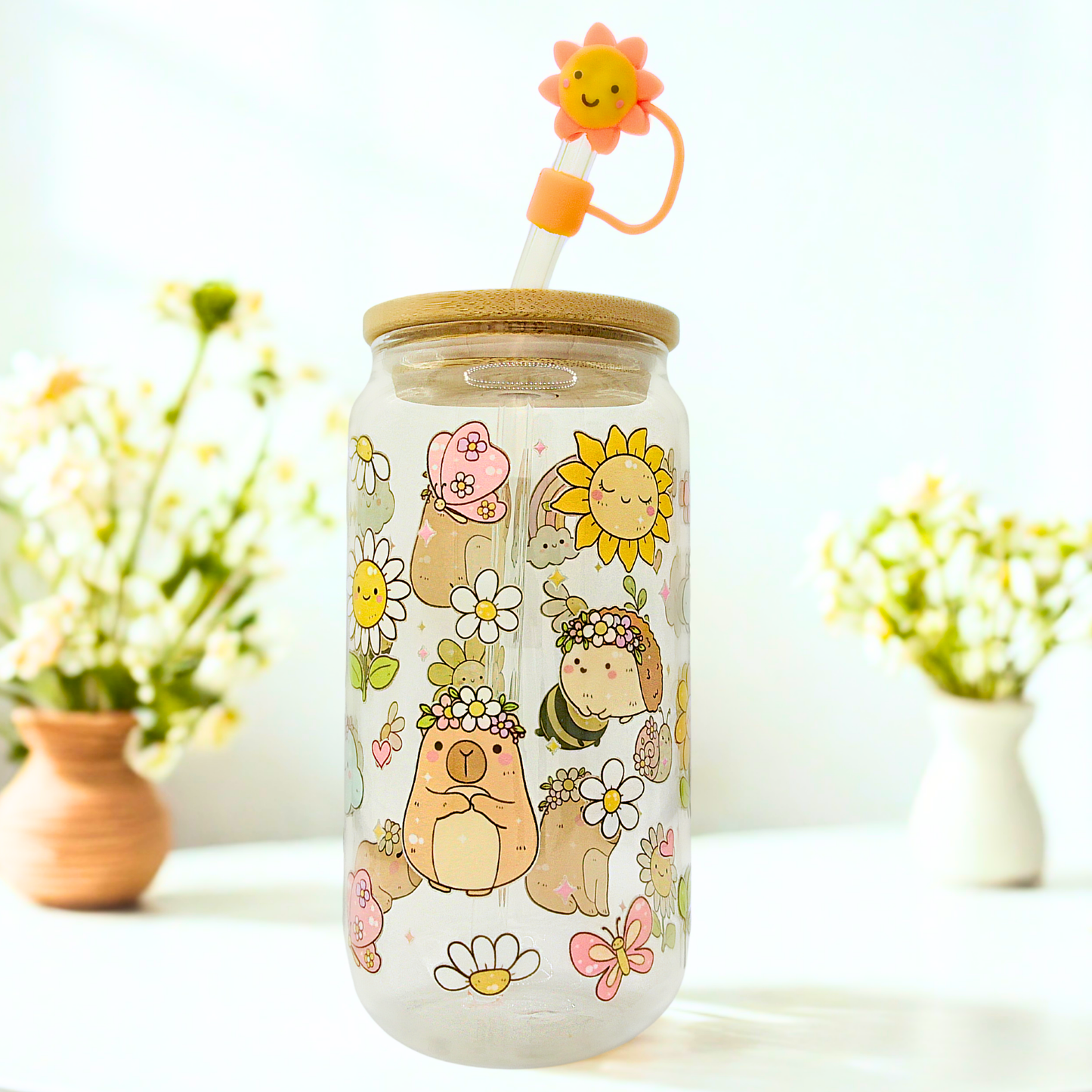 Double sided Capybara Glass Can with Bamboo Lid, Straw topper & Gift Box | 18oz Iced Coffee Cup | Eco-Friendly - Reusable | Gift for her