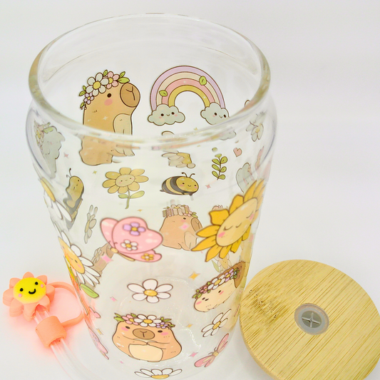 Double sided Capybara Glass Can with Bamboo Lid, Straw topper & Gift Box | 18oz Iced Coffee Cup | Eco-Friendly - Reusable | Gift for her