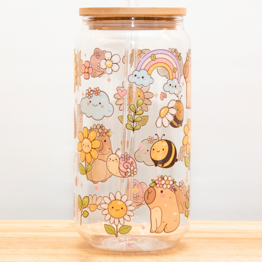 Double-Sided Capybara Glass Cup Set 18oz | Cute Sun Topper & Gift Box