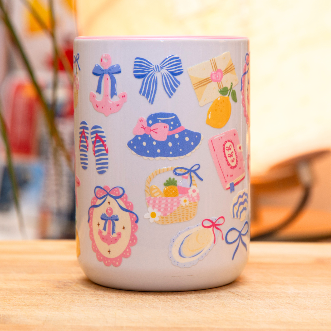 20% OFF Coastal Girly Ceramic Mug with Gift Box | 15oz Ceramic Mug | Pink Nautical Bow Hat Anchor Picnic Beach Summer Design | Gift for her