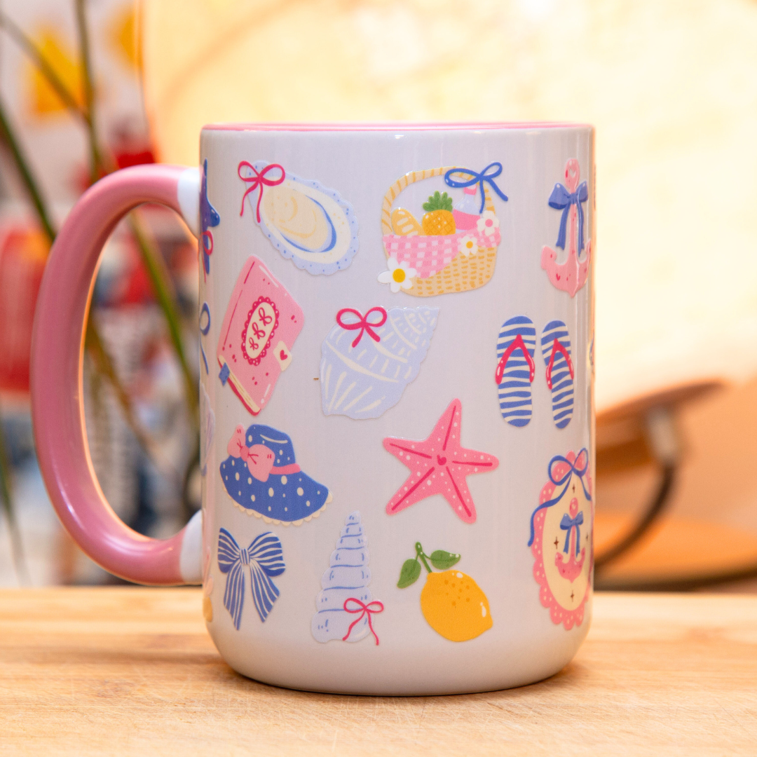 20% OFF Coastal Girly Ceramic Mug with Gift Box | 15oz Ceramic Mug | Pink Nautical Bow Hat Anchor Picnic Beach Summer Design | Gift for her