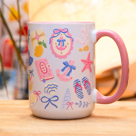 20% OFF Coastal Girly Ceramic Mug with Gift Box | 15oz Ceramic Mug | Pink Nautical Bow Hat Anchor Picnic Beach Summer Design | Gift for her