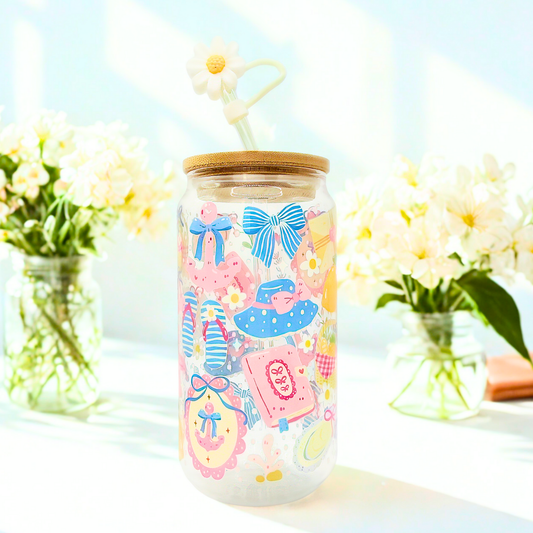 Coastal Girly Glass Can with Bamboo Lid, Straw topper & Gift Box | 18oz Iced Coffee Cup | Eco-Friendly - Reusable | Gift for Her