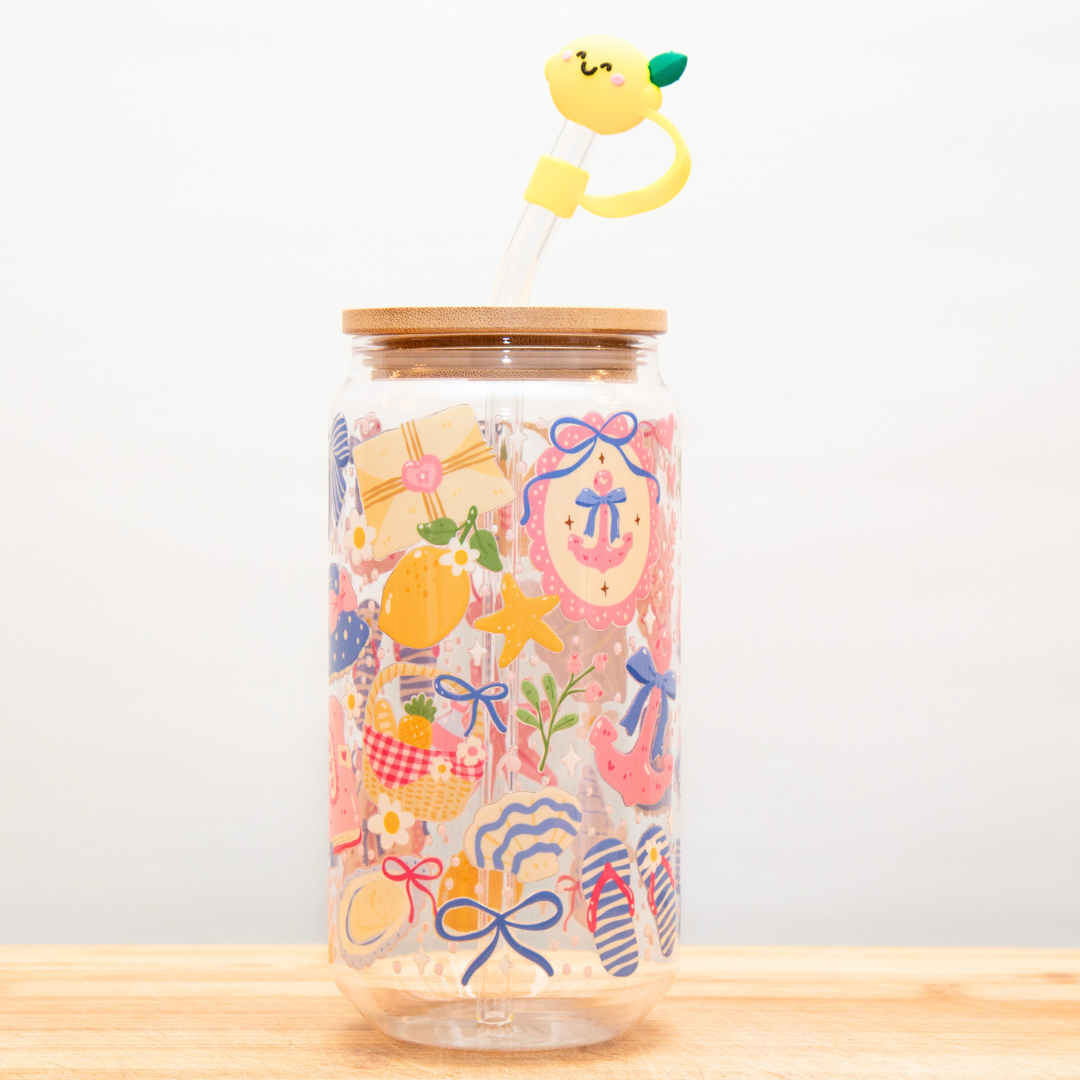 Double-Sided Coastal Girl Glass Cup Set 18oz | Beachy Summer Design with Gift Box