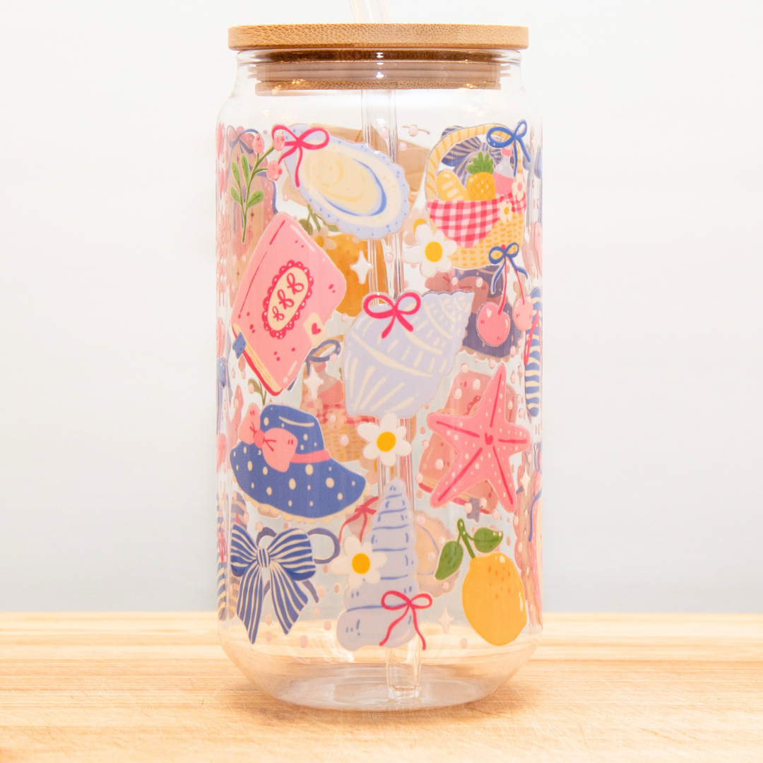 Double-Sided Coastal Girl Glass Cup Set 18oz | Beachy Summer Design with Gift Box