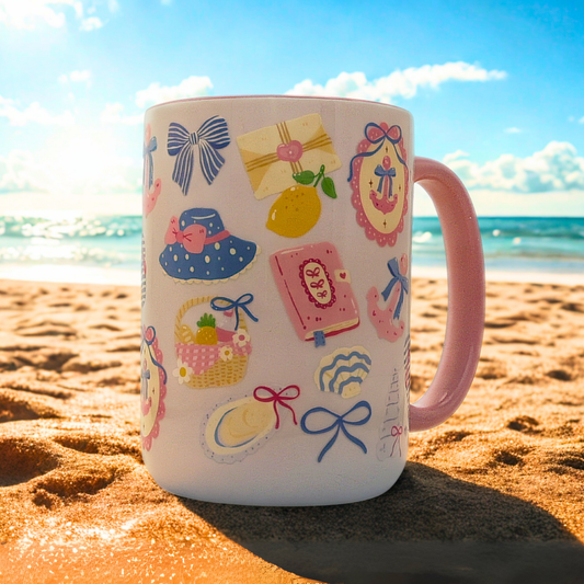 Coastal Girly Ceramic Mug with Gift Box | 15oz Ceramic Mug | Pink Nautical Bow Hat Anchor Picnic Beach Summer Design | Gift for her