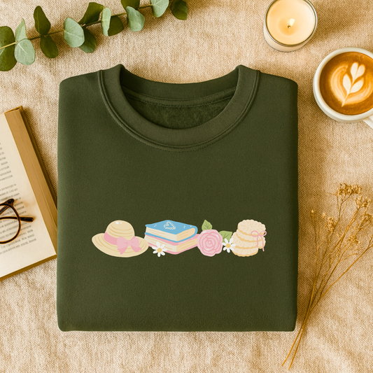 20% OFF Military Green Cottagecore Sweatshirt: Afternoon Tea with books