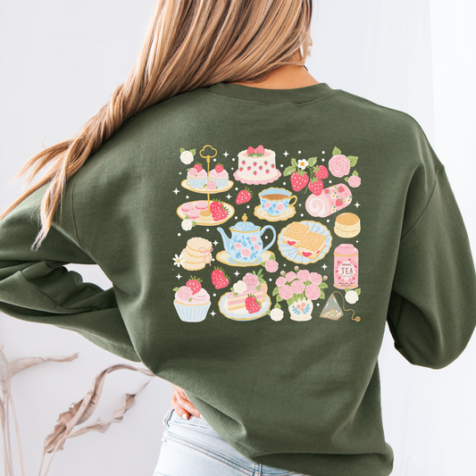 20% OFF Military Green Cottagecore Sweatshirt: Afternoon Tea with books