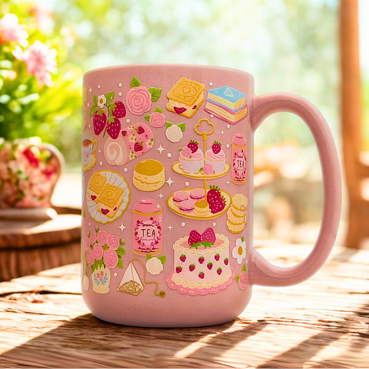 Cottagecore Afternoon Tea Ceramic Mug with Gift Box | 15oz Pink Ceramic Mug | Cake Teapot Strawberry Book Floral Design | Tea Lover Gifts