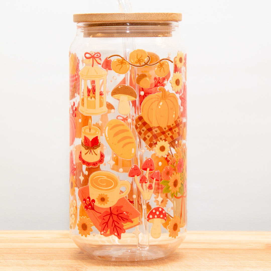 20% OFF Double-Sided Fall Pumpkin Mushroom Glass Cup Set 18oz | Cozy Autumn Design with Gift Box