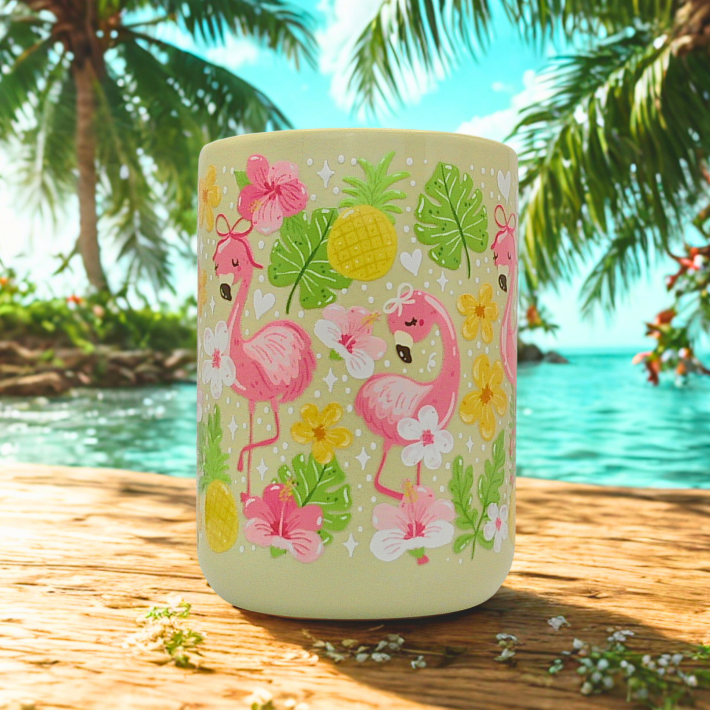 Tropical Flamingo Ceramic Mug with Gift Box | 15oz Ceramic Mug | Pink Flamingo Pineapple Hibiscus Palm Summer Pattern | Gift for her