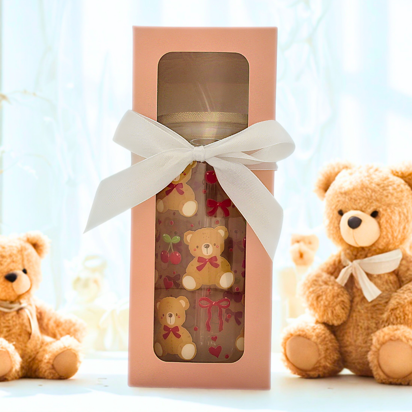 25% OFF Double sided Cherries and Bear Glass Can with Bamboo Lid, Straw topper & Gift Box | 18oz Iced Coffee Cup | Eco-Friendly - Reusable | Gift for her