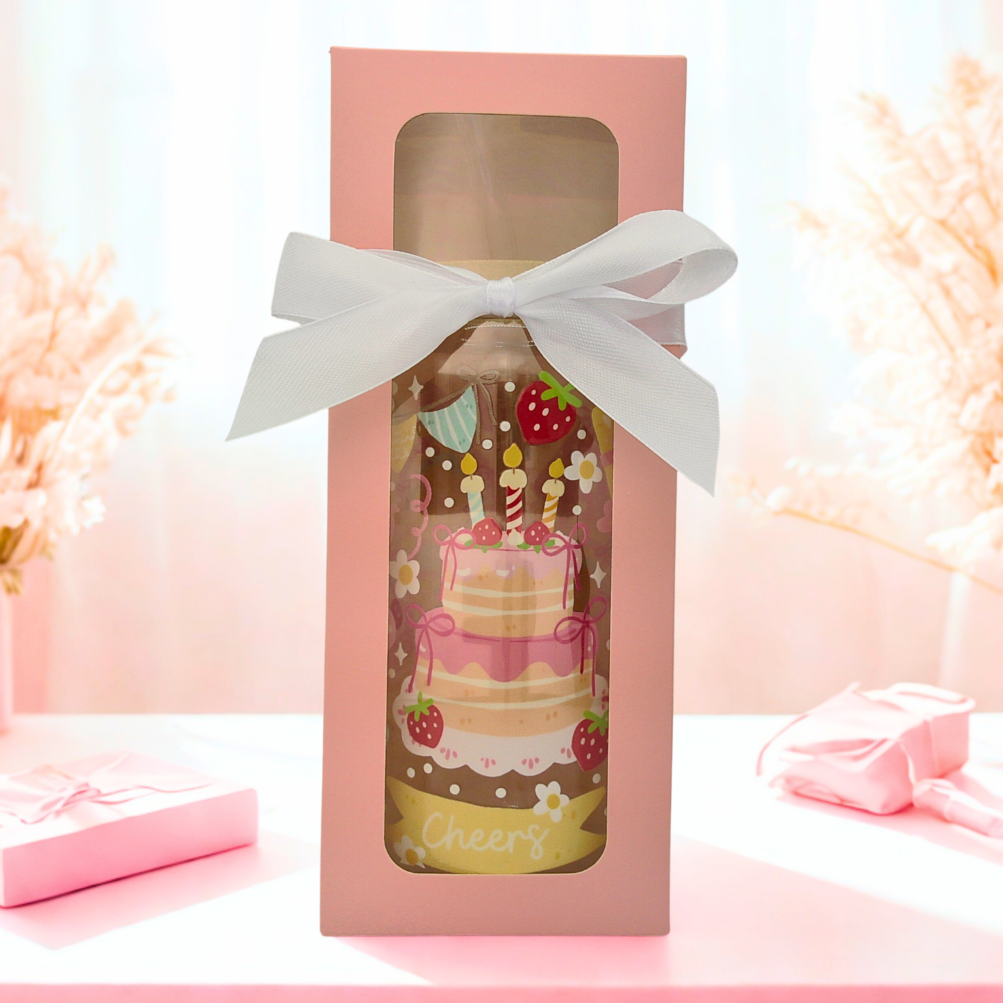 Birthday Cake Glass Can with Bamboo Lid, Straw topper & Gift Box | 18oz Iced Coffee Cup | Eco-Friendly - Reusable | Birthday gifts