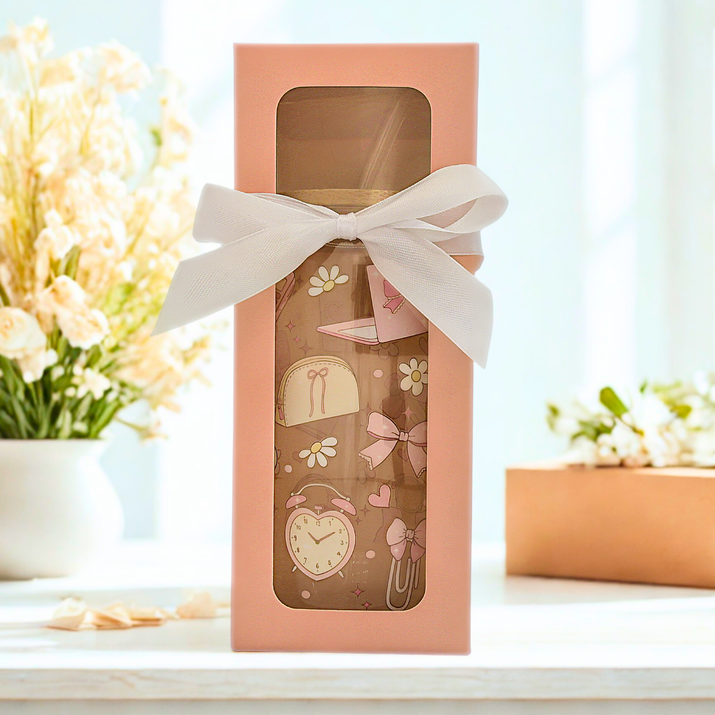 Double sided Cute Girly Pink Glass Can with Bamboo Lid, Straw topper & Gift Box | 18oz Iced Coffee Cup | Eco-Friendly - Reusable | Gift for her