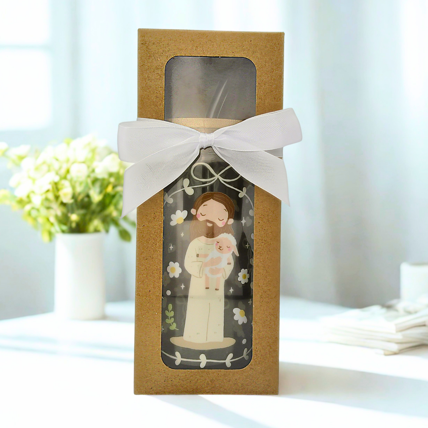 Double sided Jesus with Lamp Glass Can with Bamboo Lid, Straw topper & Gift Box | 18oz Iced Coffee Cup | Eco-Friendly - Reusable | Gift for her