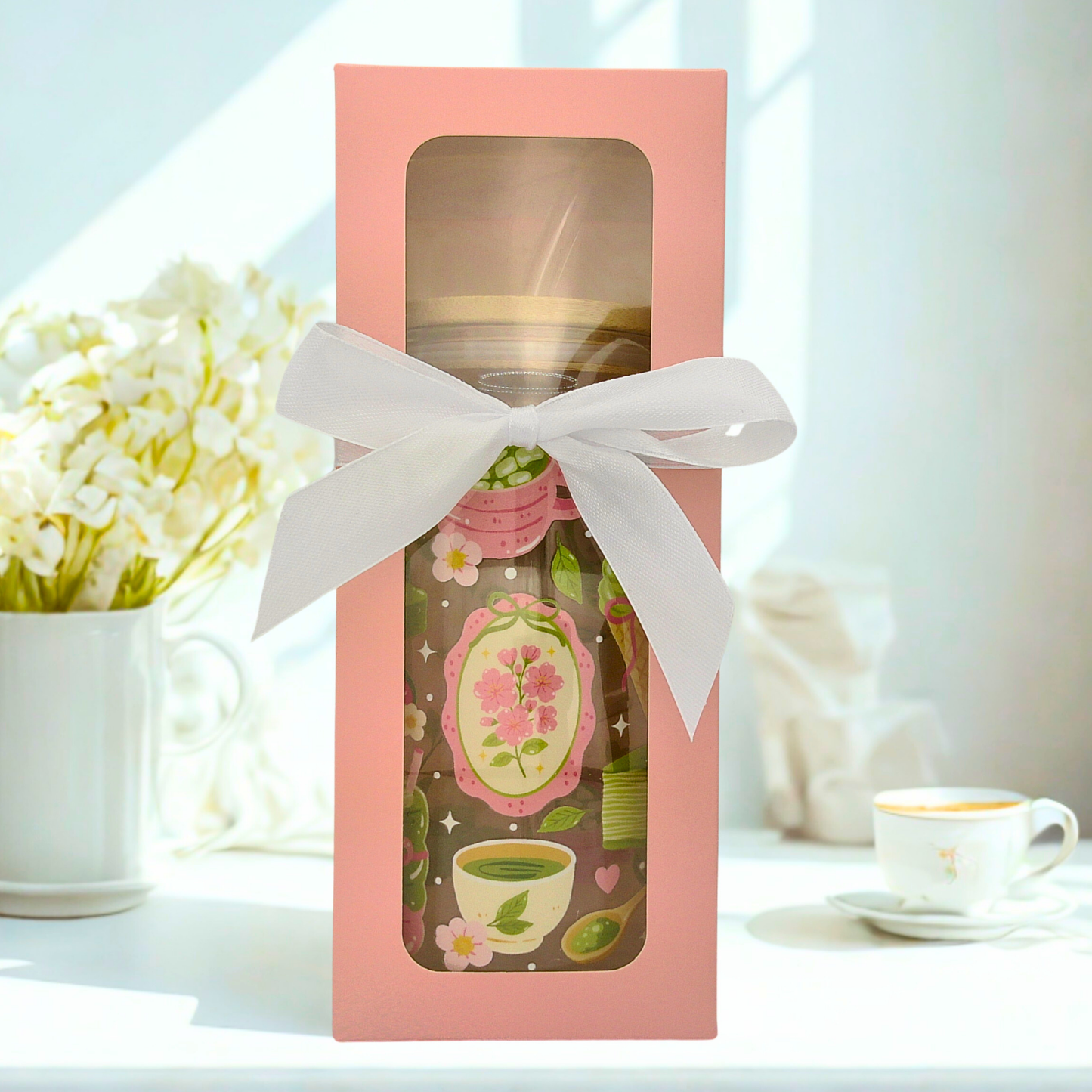 Matcha Girly Glass Can with Bamboo Lid, Straw topper & Gift Box | 18oz Iced Coffee Cup | Eco-Friendly - Reusable | Gift for her