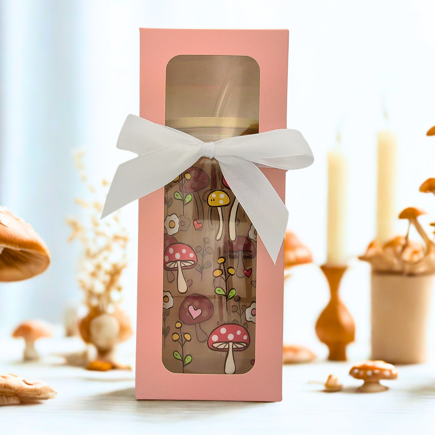 25% OFF Double sided Cute Mushroom Glass Can with Bamboo Lid, Straw topper & Gift Box | 18oz Iced Coffee Cup | Eco-Friendly - Reusable | Gift for her