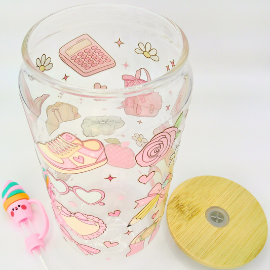 Double sided Cute Girly Pink Glass Can with Bamboo Lid, Straw topper & Gift Box | 18oz Iced Coffee Cup | Eco-Friendly - Reusable | Gift for her