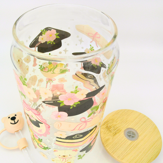 Graduation Glass Can with Bamboo Lid, Straw topper & Gift Box | 18oz Iced Coffee Cup | Eco-Friendly - Reusable | Graduation Gifts