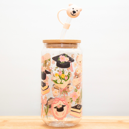 Double-Sided Graduation Glass Cup Set 18oz | Cute Grad Design with Gift Box