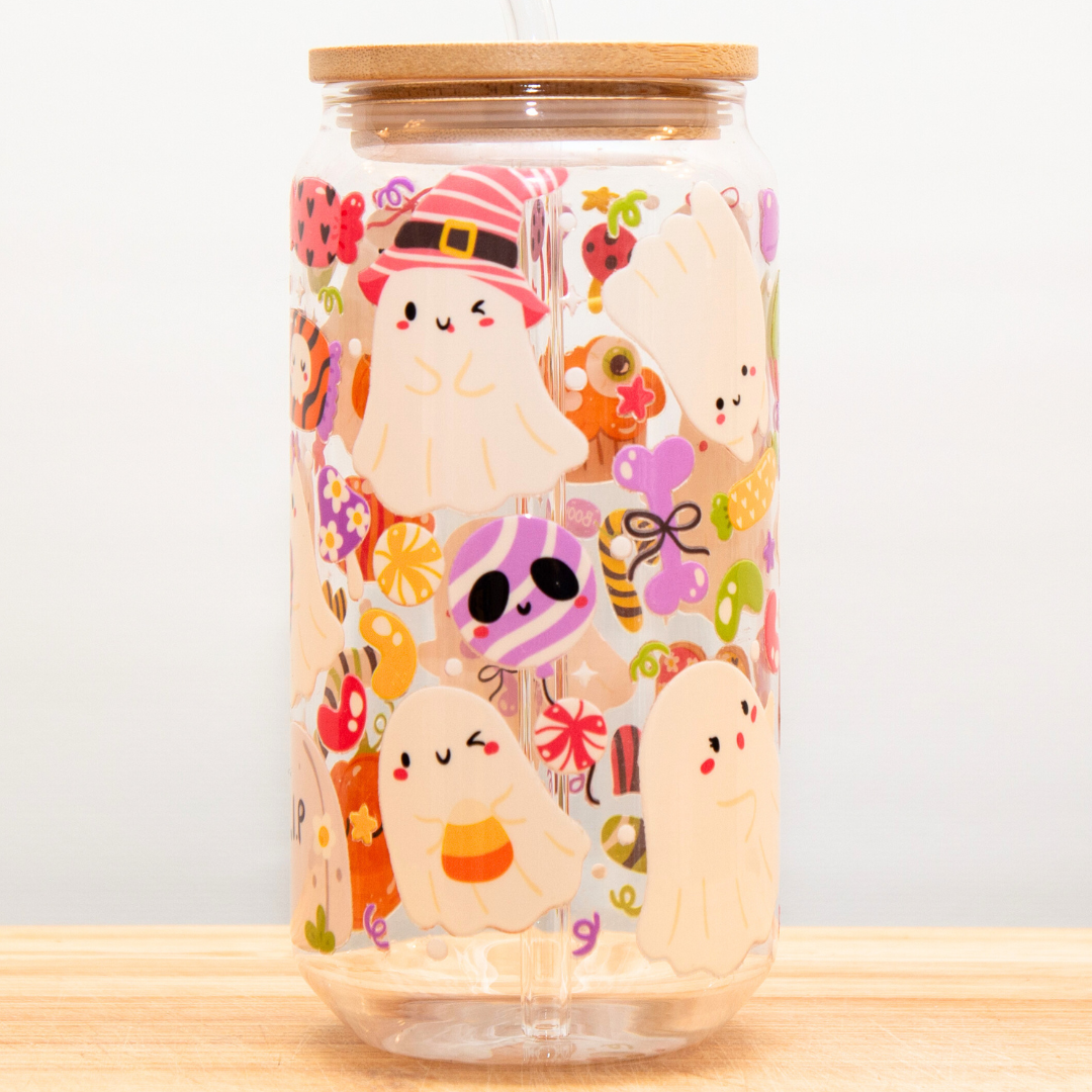 20 % OFF Double-Sided Halloween Glass Cup Set 18oz | Cute Ghost Straw Topper & Gift Box