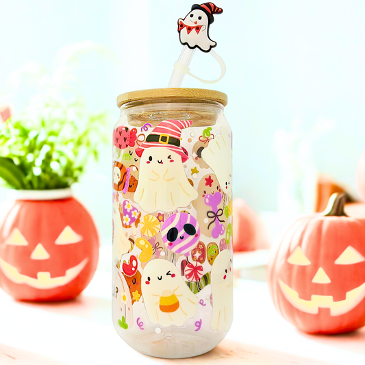 25 % OFF Halloween Glass Can with Bamboo Lid, Straw topper & Gift Box | 18oz Iced Coffee Cup | Eco-Friendly - Reusable | Gift for Her