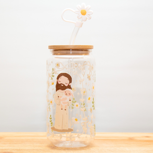 Double-Sided Jesus with Lamb Glass Cup Set 18oz | Faith-Inspired Design with Gift Box