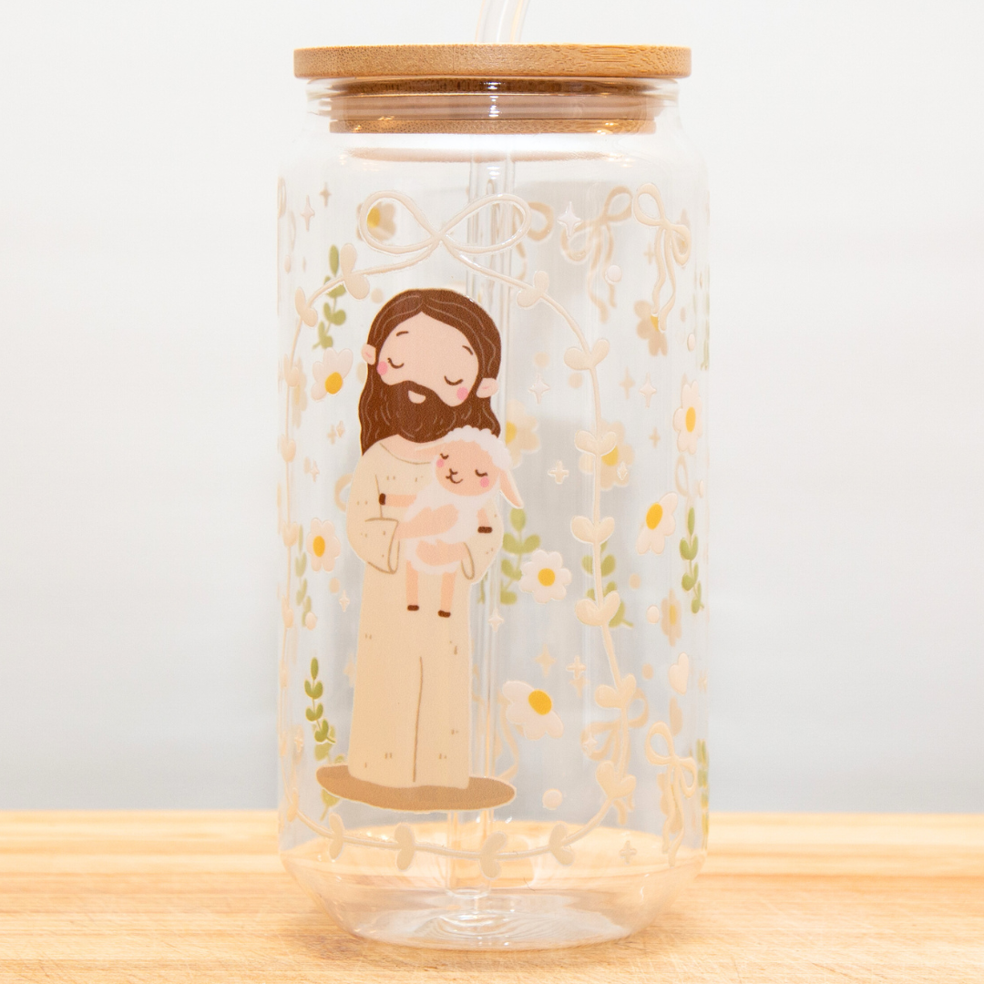 Double-Sided Jesus with Lamb Glass Cup Set 18oz | Faith-Inspired Design with Gift Box