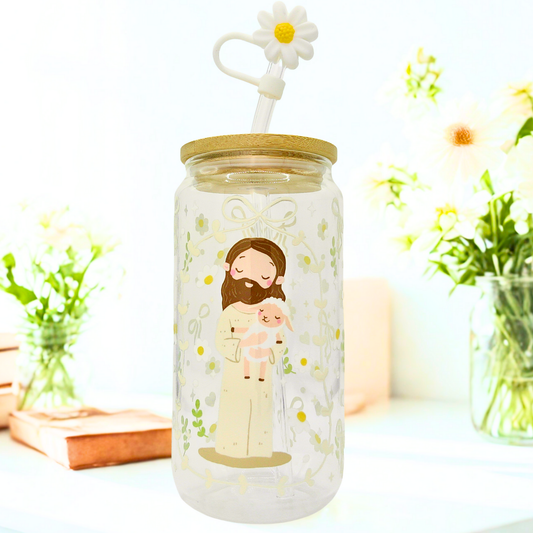 Double sided Jesus with Lamp Glass Can with Bamboo Lid, Straw topper & Gift Box | 18oz Iced Coffee Cup | Eco-Friendly - Reusable | Gift for her
