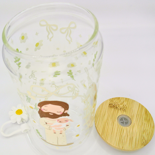 Double sided Jesus with Lamp Glass Can with Bamboo Lid, Straw topper & Gift Box | 18oz Iced Coffee Cup | Eco-Friendly - Reusable | Gift for her