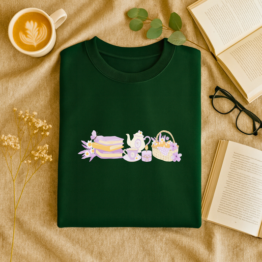 20% OFF Lavender-Themed Green Sweatshirt with Books | Cottagecore