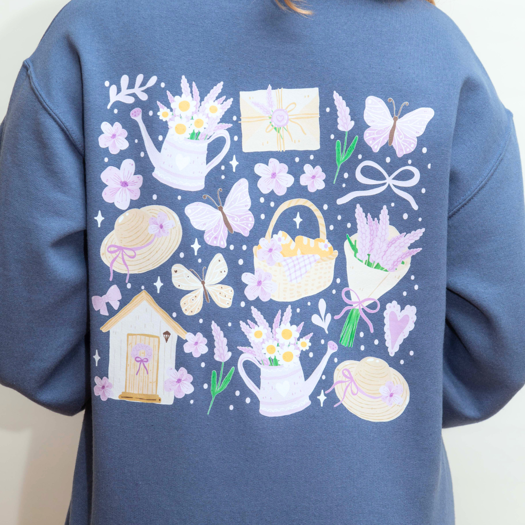 20% OFF Lavender-Themed Denim Blue Sweatshirt with Books, Teapot & Bread Basket | Cottagecore Cozy