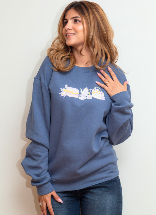 20% OFF Lavender-Themed Denim Blue Sweatshirt with Books, Teapot & Bread Basket | Cottagecore Cozy